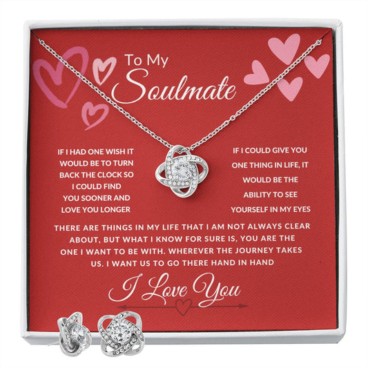 To My Soulmate--I Love You--Red Valentine--Love Knot Necklace And Earring Set