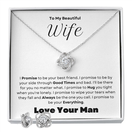 To My Beautiful Wife--Love Your Man-- Love Knot Necklace/Earring Set
