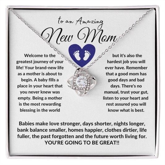 New Mom-Blue Feet-Youre going to be great-Love knot necklace