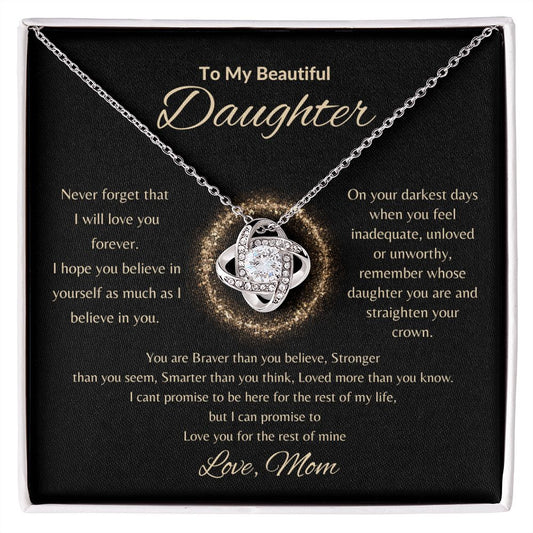 To My Beautiful Daughter--Love Mom--Gold Ring--Love Knot Necklace