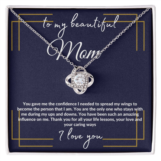 To My Beautiful Mom--I Love You--Gold Border/Blue--Love Knot Necklace