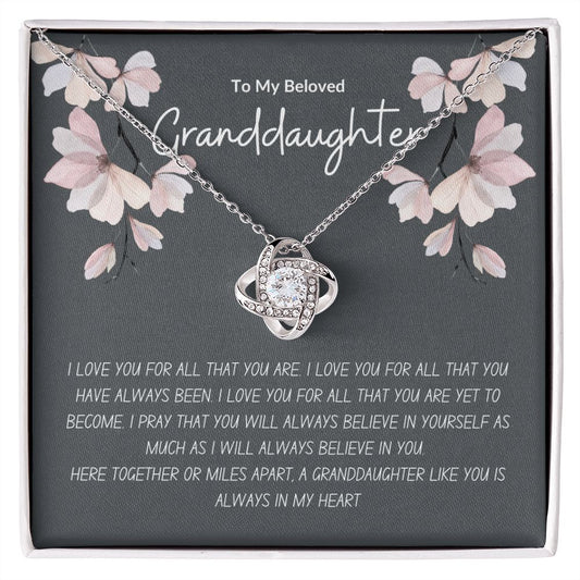 To My Beloved Granddaughter--Gray/Pink Flowers--Love Knot Necklace