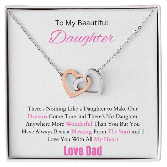 To My Beautiful Daughter--Love Dad--Pink Text-- Interlocking Hearts Necklace